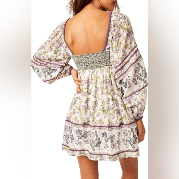 Free People Endless Afternoon Mini Dress Ivory Purple Green Floral Size Medium - Picture 4 of 9